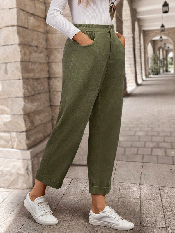 Emery rose pantalones casuales de unicolor de pana con bolsillo y forma conica para mujer, para otono