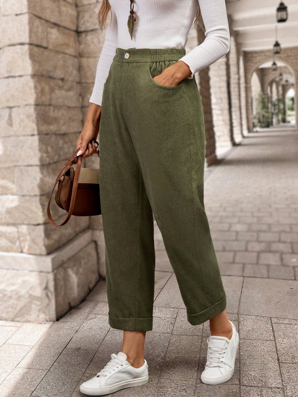 Emery rose pantalones casuales de unicolor de pana con bolsillo y forma conica para mujer, para otono