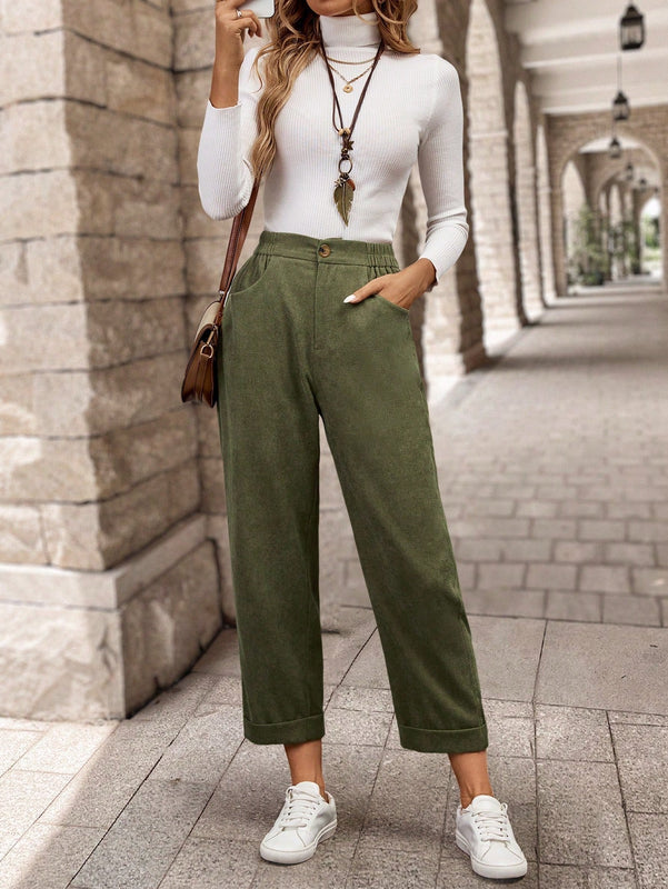 Emery rose pantalones casuales de unicolor de pana con bolsillo y forma conica para mujer, para otono