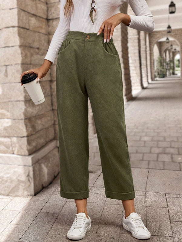 Emery rose pantalones casuales de unicolor de pana con bolsillo y forma conica para mujer, para otono