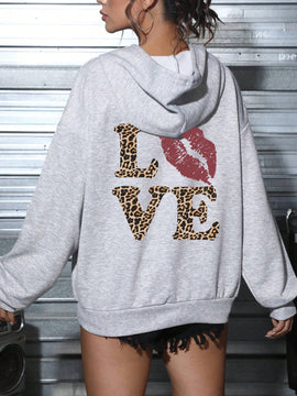 Ezwear sudadera informal tipo streetwear con lema, con corte holgado, estampado negro y rosa, para mujer, otono invierno