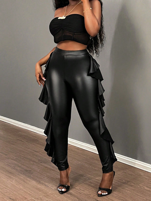 Slayr pantalones casuales con panel de piel sintetica, dobladillo fruncido, unicolor para mujer