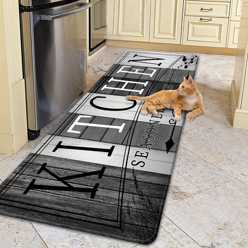 Tapete de cocina absorbente de impresión premium - Tapete de piso de poliéster duradero y antideslizante con diseño "KITCHEN", ideal para entrada, sala de lavandería, baño, pasillo, sala de estar, decoración de dormitorio, tapete de sala de lavandería |