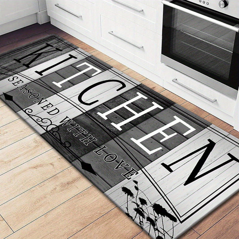 Tapete de cocina absorbente de impresión premium - Tapete de piso de poliéster duradero y antideslizante con diseño "KITCHEN", ideal para entrada, sala de lavandería, baño, pasillo, sala de estar, decoración de dormitorio, tapete de sala de lavandería |