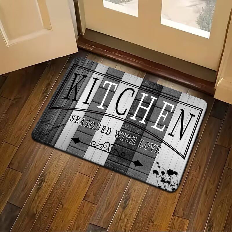 Tapete de cocina absorbente de impresión premium - Tapete de piso de poliéster duradero y antideslizante con diseño "KITCHEN", ideal para entrada, sala de lavandería, baño, pasillo, sala de estar, decoración de dormitorio, tapete de sala de lavandería |