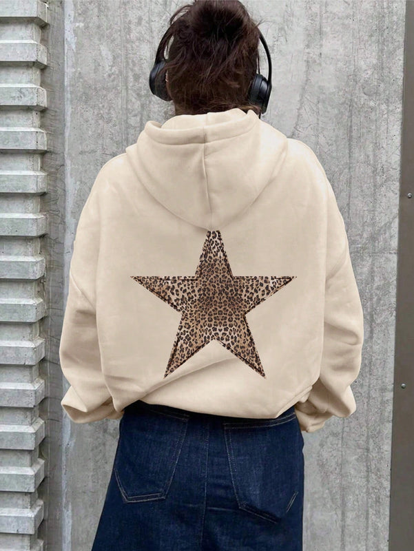 Ezwear sudadera con capucha de mujer con estampado de leopardo y estrella, hombros caidos, otono/invierno