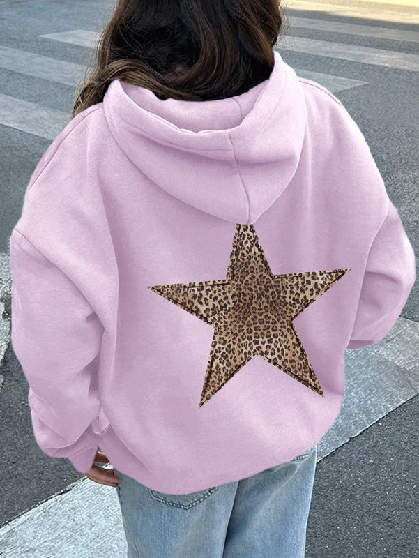 Ezwear sudadera con capucha de mujer con estampado de leopardo y estrella, hombros caidos, otono/invierno