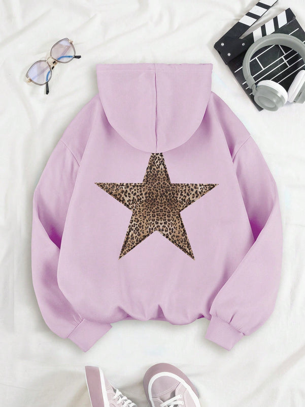 Ezwear sudadera con capucha de mujer con estampado de leopardo y estrella, hombros caidos, otono/invierno