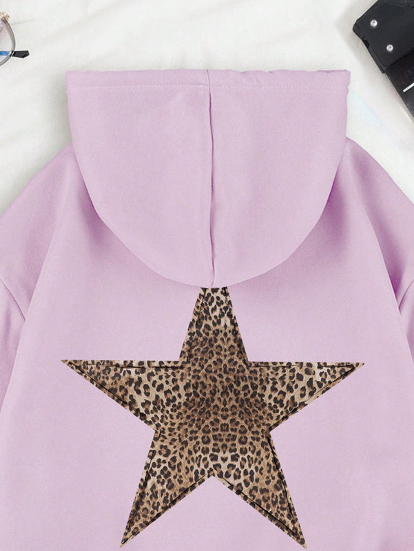 Ezwear sudadera con capucha de mujer con estampado de leopardo y estrella, hombros caidos, otono/invierno