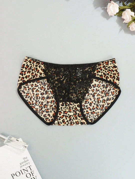 Juego de 4 bragas con encaje y saten sin costuras, diseno de estampado de leopardo con tira cruzada en la cintura y borde de encaje en forma de triangulo para mujer