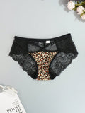 Juego de 4 bragas con encaje y saten sin costuras, diseno de estampado de leopardo con tira cruzada en la cintura y borde de encaje en forma de triangulo para mujer