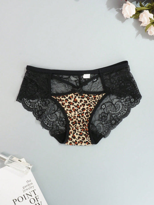 Juego de 4 bragas con encaje y saten sin costuras, diseno de estampado de leopardo con tira cruzada en la cintura y borde de encaje en forma de triangulo para mujer