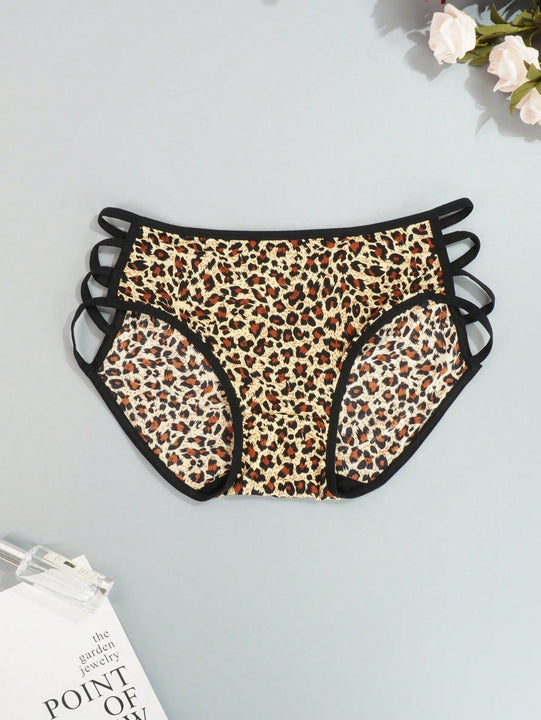 Juego de 4 bragas con encaje y saten sin costuras, diseno de estampado de leopardo con tira cruzada en la cintura y borde de encaje en forma de triangulo para mujer
