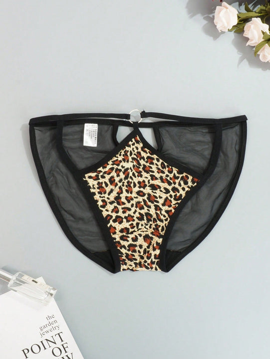 Juego de 4 bragas con encaje y saten sin costuras, diseno de estampado de leopardo con tira cruzada en la cintura y borde de encaje en forma de triangulo para mujer