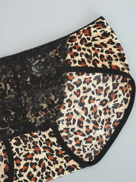 Juego de 4 bragas con encaje y saten sin costuras, diseno de estampado de leopardo con tira cruzada en la cintura y borde de encaje en forma de triangulo para mujer