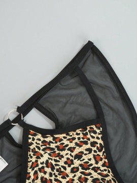 Juego de 4 bragas con encaje y saten sin costuras, diseno de estampado de leopardo con tira cruzada en la cintura y borde de encaje en forma de triangulo para mujer