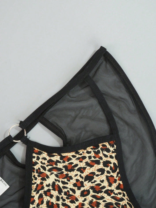 Juego de 4 bragas con encaje y saten sin costuras, diseno de estampado de leopardo con tira cruzada en la cintura y borde de encaje en forma de triangulo para mujer