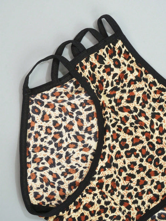 Juego de 4 bragas con encaje y saten sin costuras, diseno de estampado de leopardo con tira cruzada en la cintura y borde de encaje en forma de triangulo para mujer