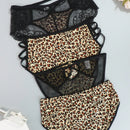 Juego de 4 bragas con encaje y saten sin costuras, diseno de estampado de leopardo con tira cruzada en la cintura y borde de encaje en forma de triangulo para mujer