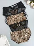 Juego de 4 bragas con encaje y saten sin costuras, diseno de estampado de leopardo con tira cruzada en la cintura y borde de encaje en forma de triangulo para mujer