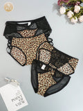 Juego de 4 bragas con encaje y saten sin costuras, diseno de estampado de leopardo con tira cruzada en la cintura y borde de encaje en forma de triangulo para mujer