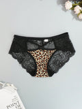 Juego de 4 bragas con encaje y saten sin costuras, diseno de estampado de leopardo con tira cruzada en la cintura y borde de encaje en forma de triangulo para mujer