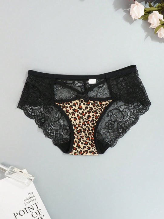 Juego de 4 bragas con encaje y saten sin costuras, diseno de estampado de leopardo con tira cruzada en la cintura y borde de encaje en forma de triangulo para mujer