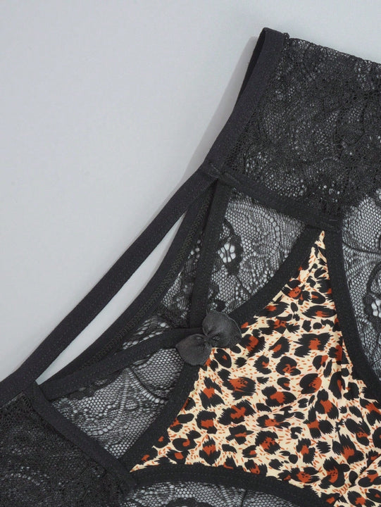 Juego de 4 bragas con encaje y saten sin costuras, diseno de estampado de leopardo con tira cruzada en la cintura y borde de encaje en forma de triangulo para mujer