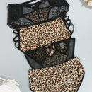 Juego de 4 bragas con encaje y saten sin costuras, diseno de estampado de leopardo con tira cruzada en la cintura y borde de encaje en forma de triangulo para mujer