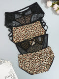 Juego de 4 bragas con encaje y saten sin costuras, diseno de estampado de leopardo con tira cruzada en la cintura y borde de encaje en forma de triangulo para mujer