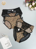 Juego de 4 bragas con encaje y saten sin costuras, diseno de estampado de leopardo con tira cruzada en la cintura y borde de encaje en forma de triangulo para mujer