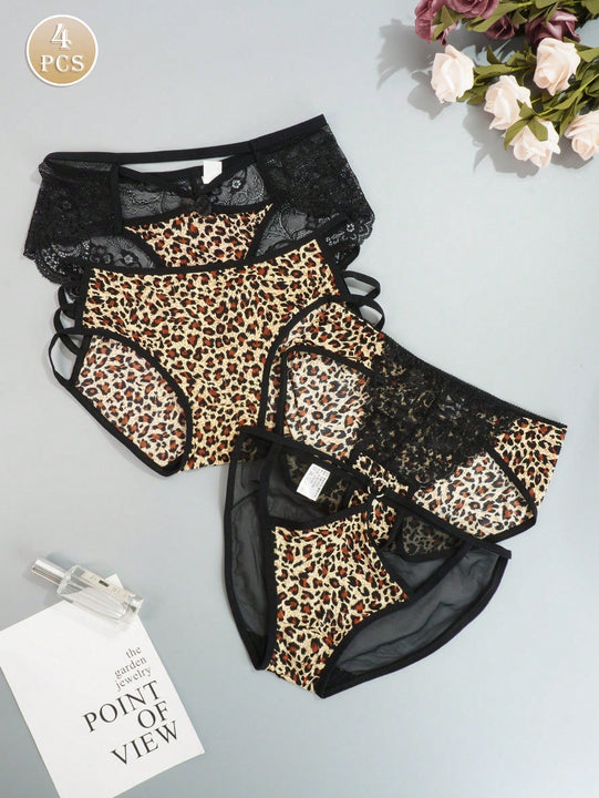 Juego de 4 bragas con encaje y saten sin costuras, diseno de estampado de leopardo con tira cruzada en la cintura y borde de encaje en forma de triangulo para mujer