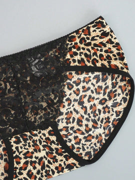 Juego de 4 bragas con encaje y saten sin costuras, diseno de estampado de leopardo con tira cruzada en la cintura y borde de encaje en forma de triangulo para mujer