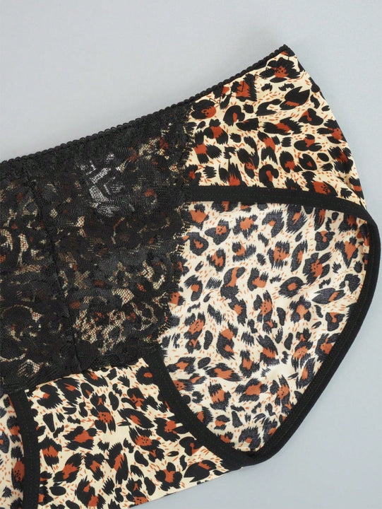 Juego de 4 bragas con encaje y saten sin costuras, diseno de estampado de leopardo con tira cruzada en la cintura y borde de encaje en forma de triangulo para mujer