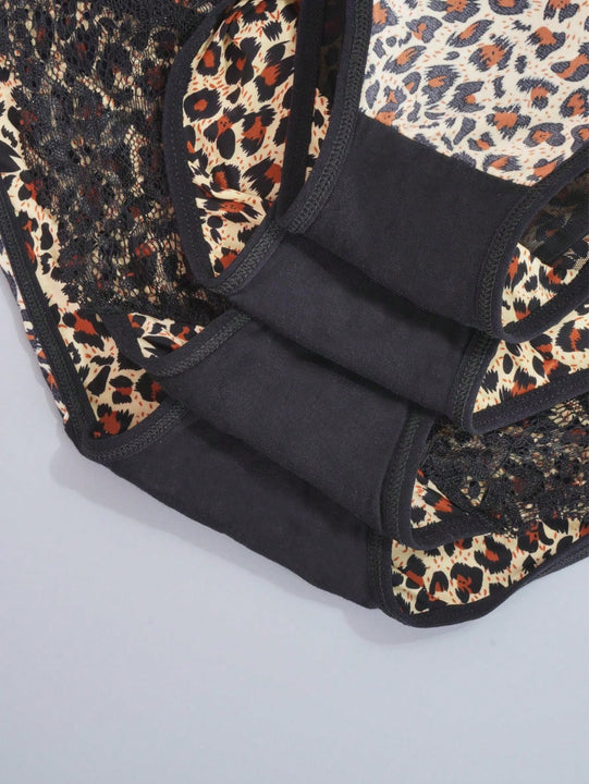 Juego de 4 bragas con encaje y saten sin costuras, diseno de estampado de leopardo con tira cruzada en la cintura y borde de encaje en forma de triangulo para mujer