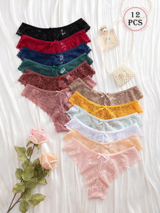 12 piezas/paquete bragas triangulares comodas con adorno de encaje para mujer