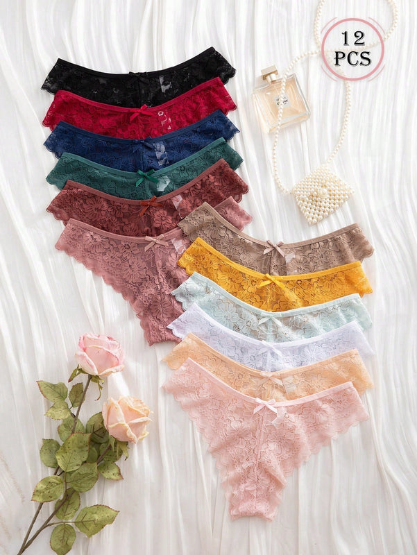 12 piezas/paquete bragas triangulares comodas con adorno de encaje para mujer