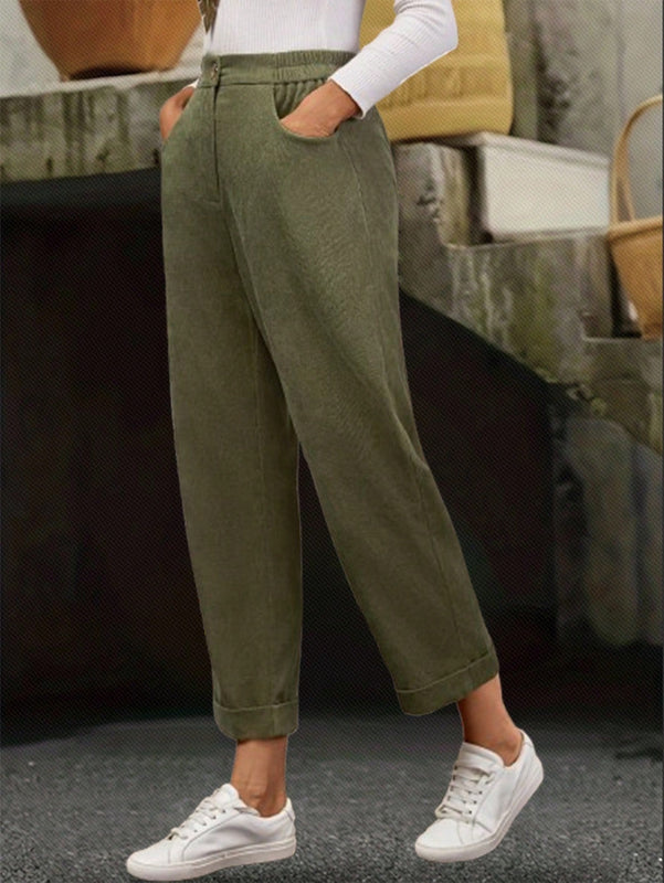 Emery rose pantalones casuales de unicolor de pana con bolsillo y forma conica para mujer, para otono