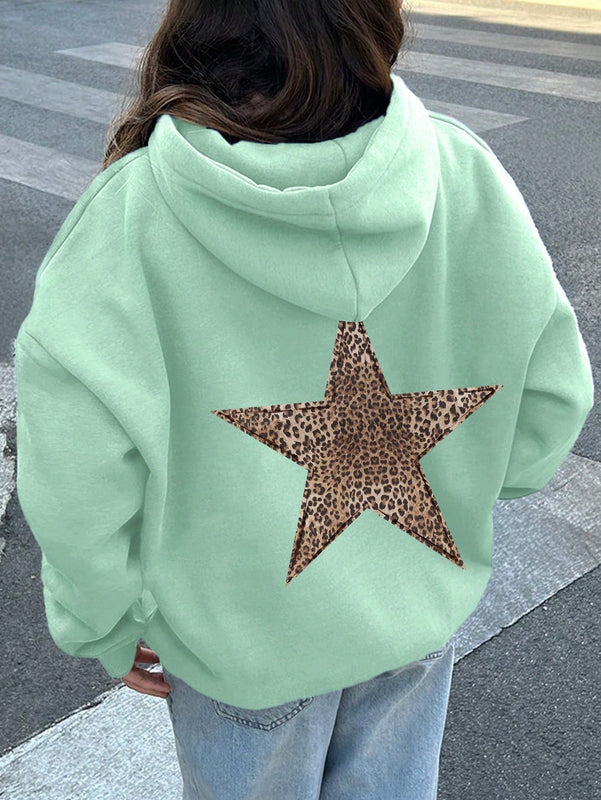 Ezwear sudadera con capucha de felpa con estampado de leopardo y estrella, otono/invierno