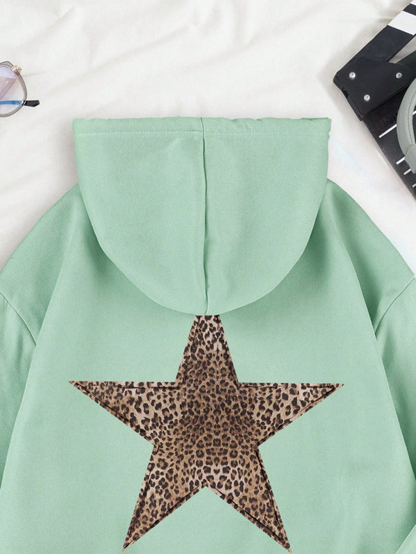 Ezwear sudadera con capucha de mujer con estampado de leopardo y estrella, hombros caidos, otono/invierno