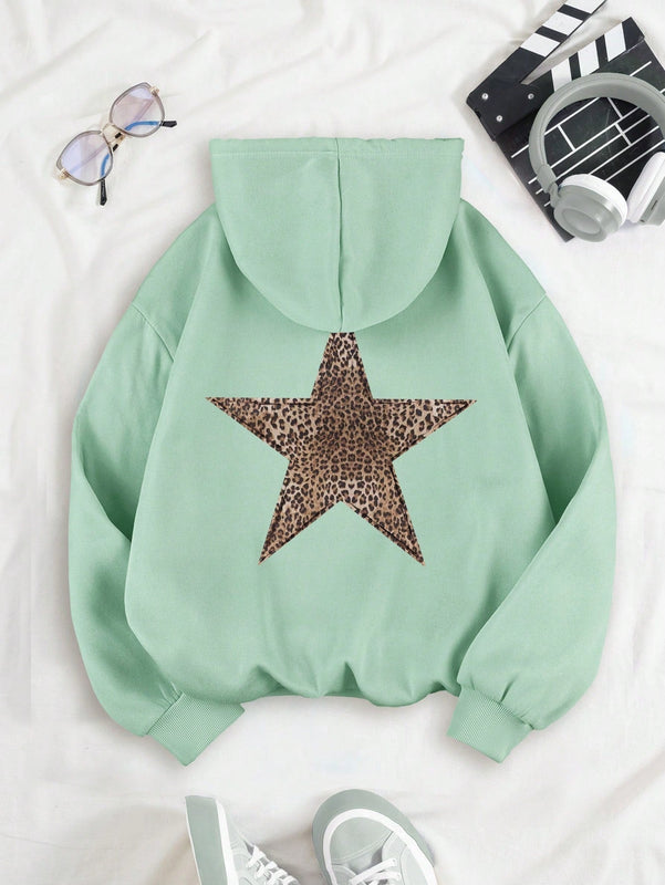 Ezwear sudadera con capucha de felpa con estampado de leopardo y estrella, otono/invierno