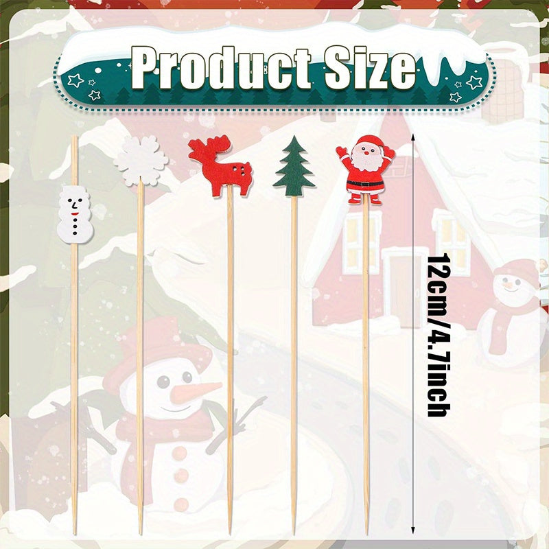 Juego de 30 Piezas de Adornos para Cócteles Navideños - Decoraciones Festivas de Madera para Bebidas y Aperitivos con Diseños de Copos de Nieve, Muñecos de Nieve, Renos y Árboles para Fiestas Navideñas