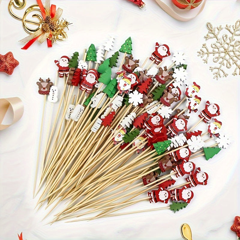 Juego de 30 Piezas de Adornos para Cócteles Navideños - Decoraciones Festivas de Madera para Bebidas y Aperitivos con Diseños de Copos de Nieve, Muñecos de Nieve, Renos y Árboles para Fiestas Navideñas