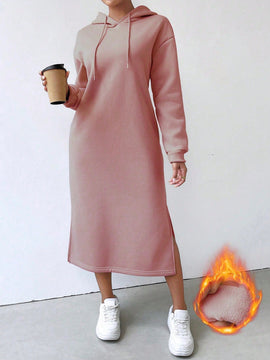 Relaxiva vestido sudadera casual de felpa con capucha, manga larga, bajo con abertura, cordon ajustable, estampado de lema para mujer, otono/invierno