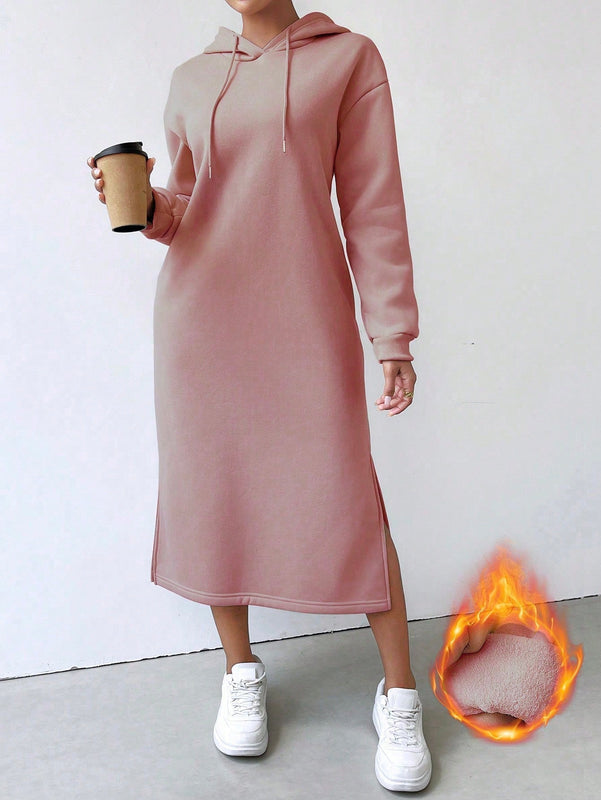 Relaxiva sudadera con capucha larga forrada de forro polar con estampado de eslogan casual, otono/invierno