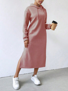 Relaxiva vestido sudadera casual de felpa con capucha, manga larga, bajo con abertura, cordon ajustable, estampado de lema para mujer, otono/invierno