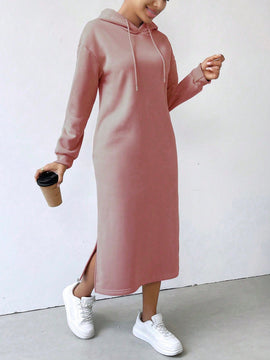 Lune vestido con capucha de manga larga, bolsillo y unicolor minimalista para mujer