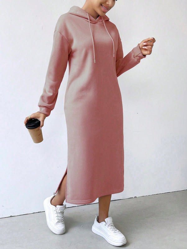 Relaxiva vestido sudadera casual de felpa con capucha, manga larga, bajo con abertura, cordon ajustable, estampado de lema para mujer, otono/invierno