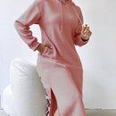 Relaxiva vestido sudadera casual de felpa con capucha, manga larga, bajo con abertura, cordon ajustable, estampado de lema para mujer, otono/invierno