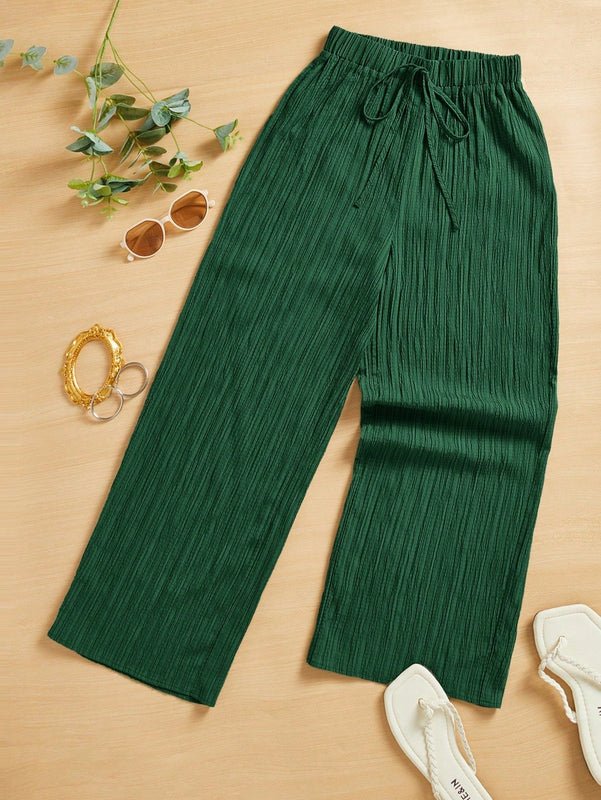 Essnce pantalones casuales de pernera ancha de 7/8 con textura y cintura anudada de unicolor para mujer
